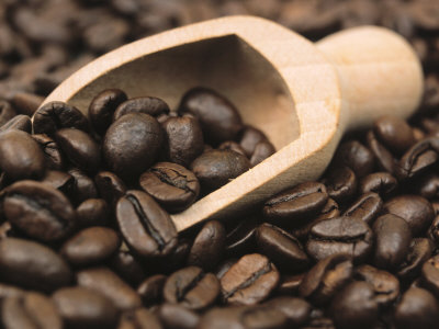 coffee beans wooden scoop